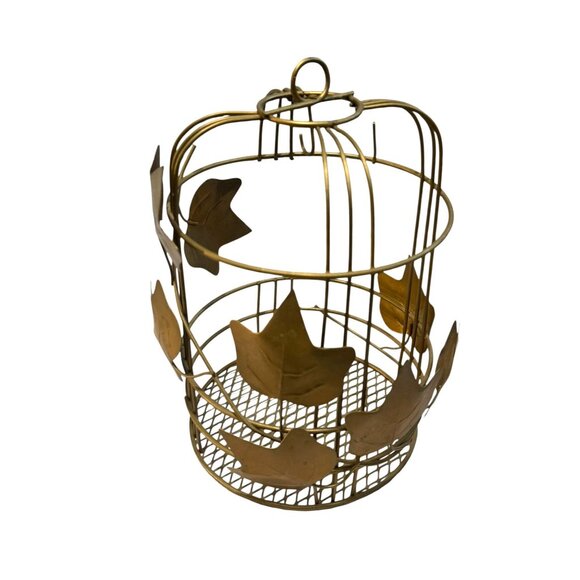 Gold Metal Birdcage With Decorative Leaf Accents For Home Decor Or Display - Picture 6 of 11
